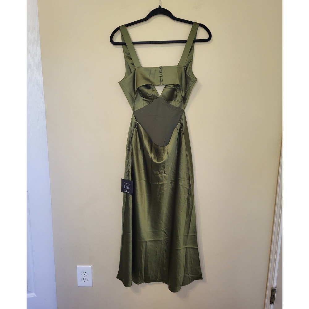 Lulus Olive Green Satin Cutout V-Neck Midi Dress NWT Size Small - Picture 6 of 7